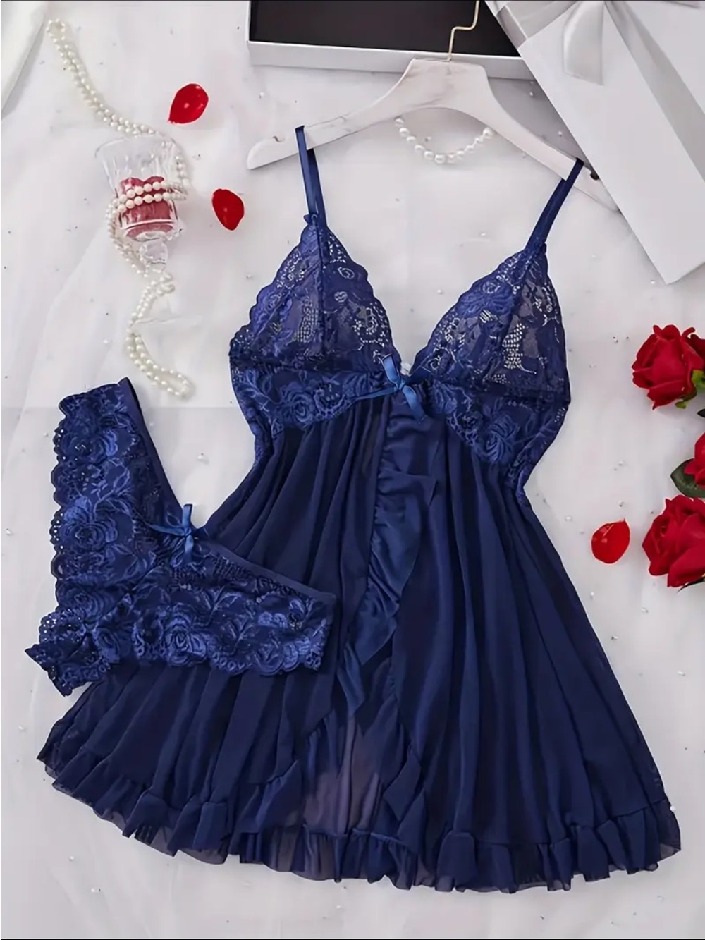 Lace-Trim Navy Chemise & Brief Set - Romantic Sleepwear